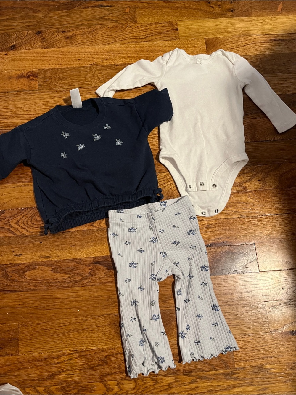 Carter's Navy & White Baby Top, Bodysuit and Floral Ribbed Pants Set